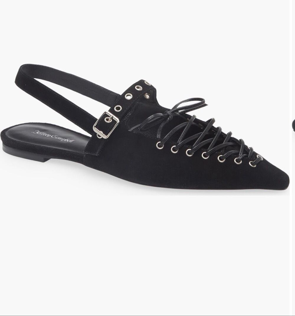 Jeffrey Campbell Black Suede Pointed Toe Lace Up Slingback Flats Shoes Sz 7 NWT